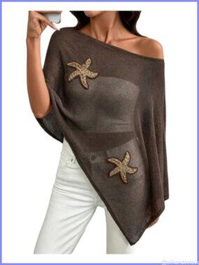 Plus Size Sequin Starfish Crochet Poncho Cape Cover Up Sheer Bat Wing Shawl